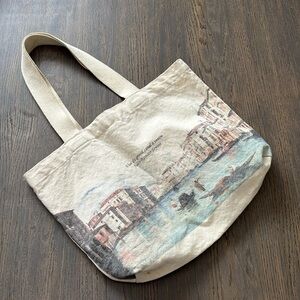 Beige Canvas Tote Bag with Scenic Print